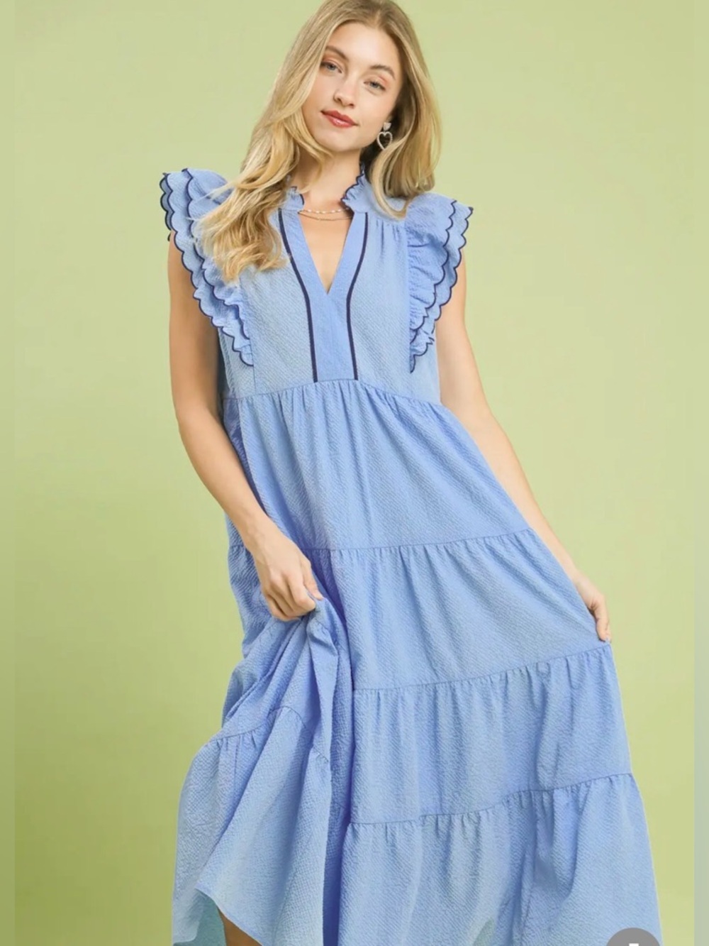 🩵Hello Gorgeous! Umgee Seersucker Ruffle Sleeve Tiered Midi Dress- Sky Blue - Picture 2 of 9
